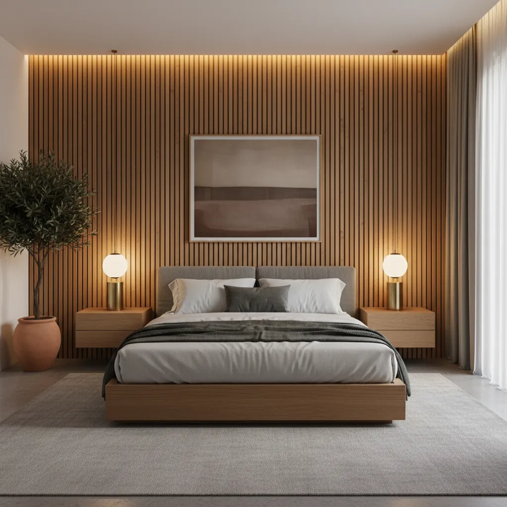 Dormitorio moderno con cabecero de listones de madera