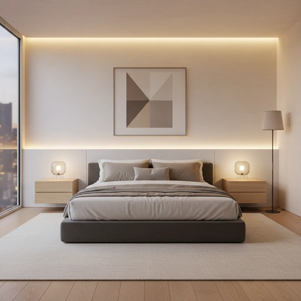 Cabecero de cama diseñado con tablaroca e iluminación integrada