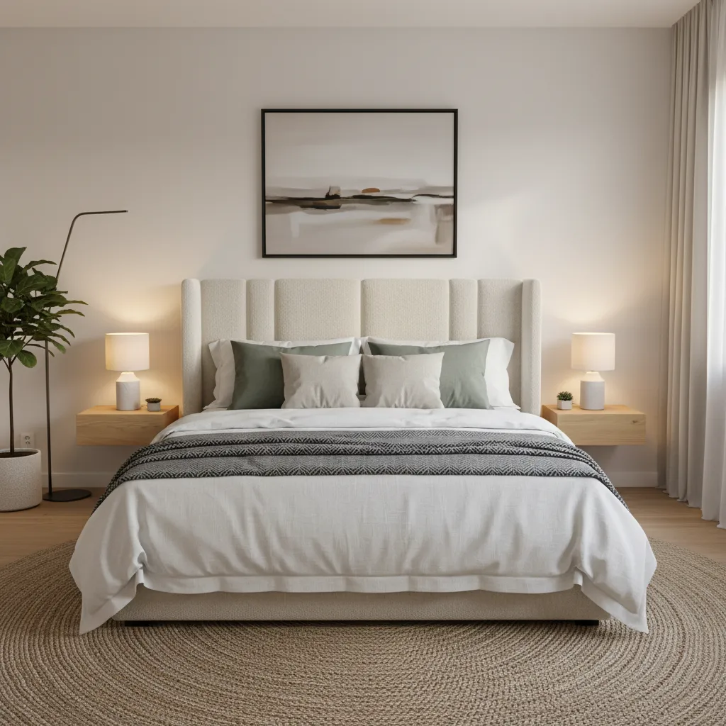 Modern bedroom with beige upholstered headboard white bedding and wooden nightstands with bedside table lamps
