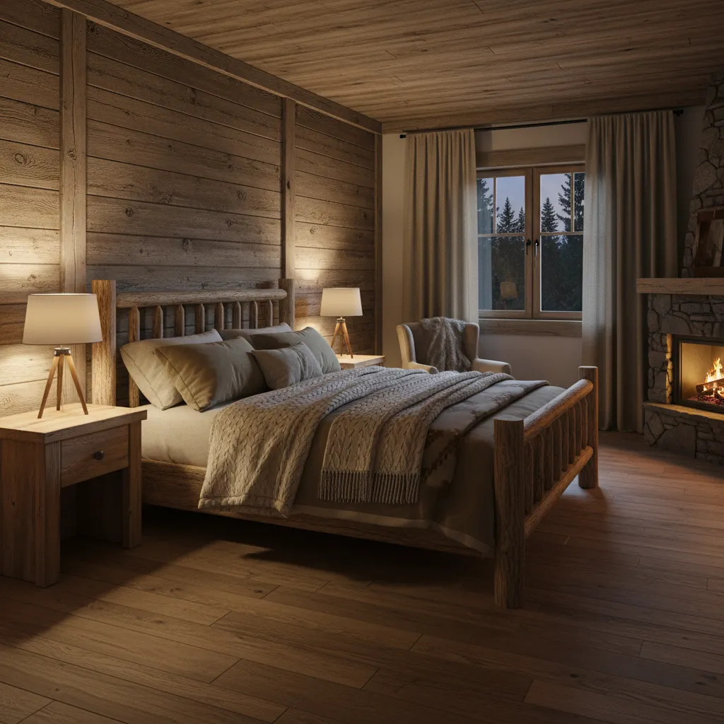 rustic cabin bedroom with warm bedside lighting and cozy evening atmosphere