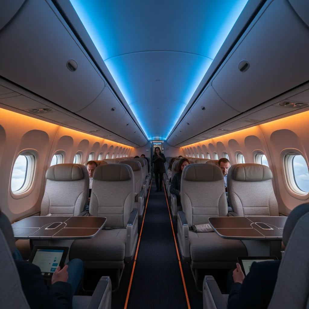 Modern airplane cabin aisle with gray seats, wooden tables, and blue and orange ceiling lights