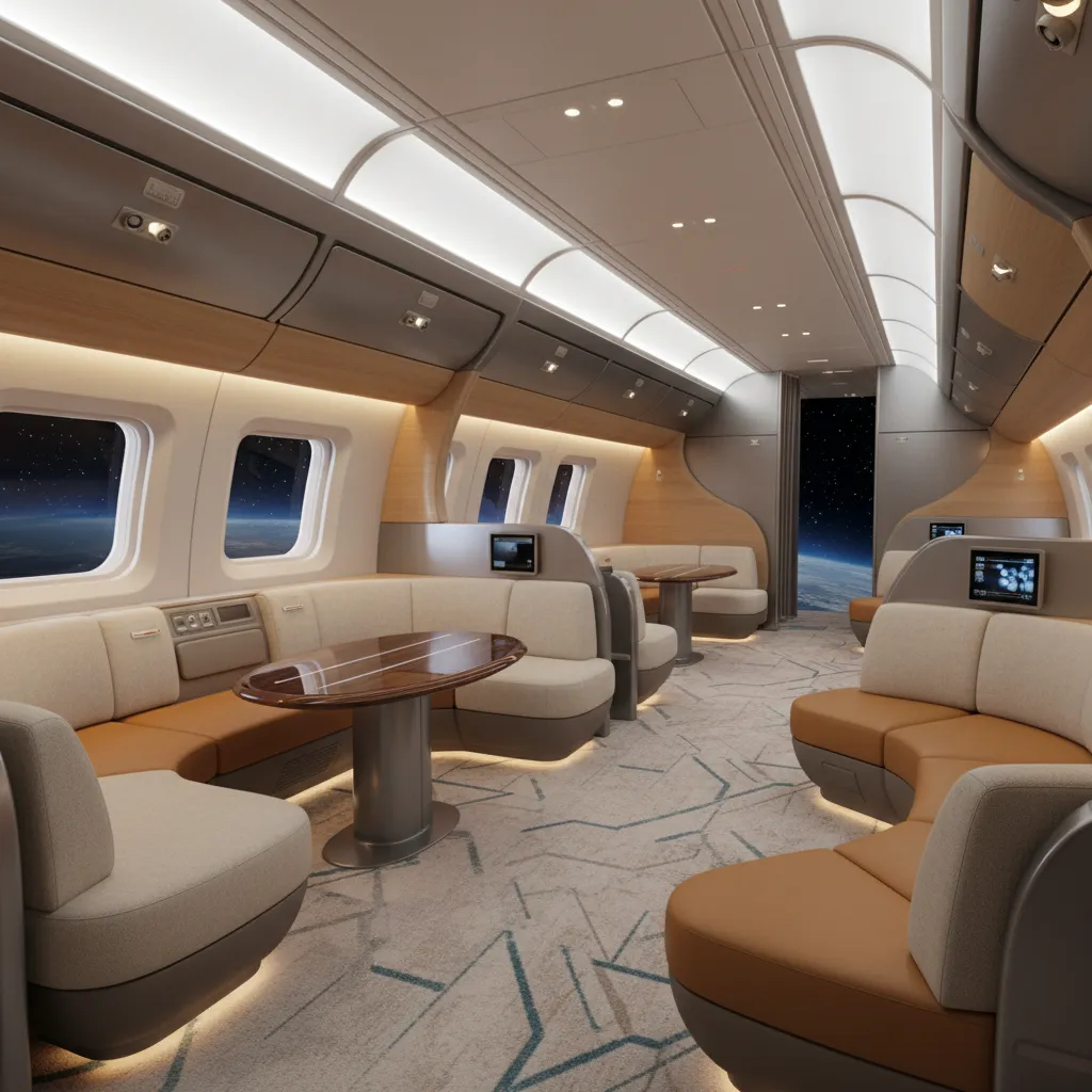 Luxury airplane cabin featuring cream sofas, wooden tables, warm ceiling lights, and windows seeing earth