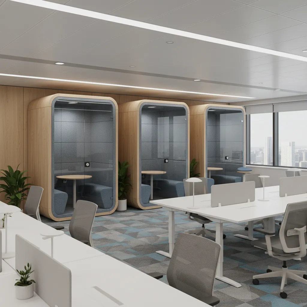 Cabinas acústicas dentro de una oficina moderna
