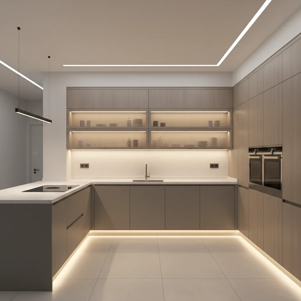 Kitchen cabinets with integrated accent lighting highlighting shelving and toe kick lighting