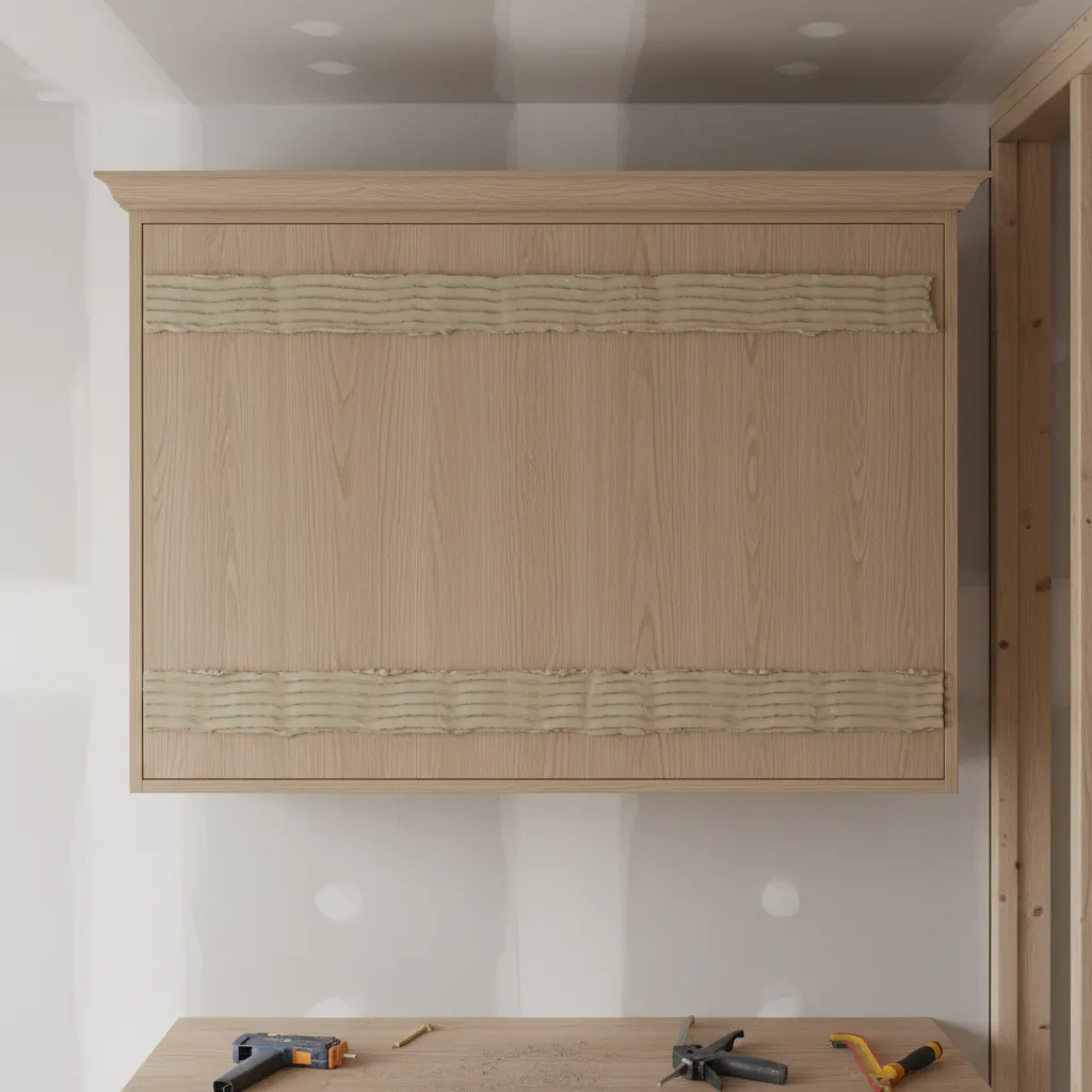 Correct adhesive bead pattern on the back of a kitchen cabinet