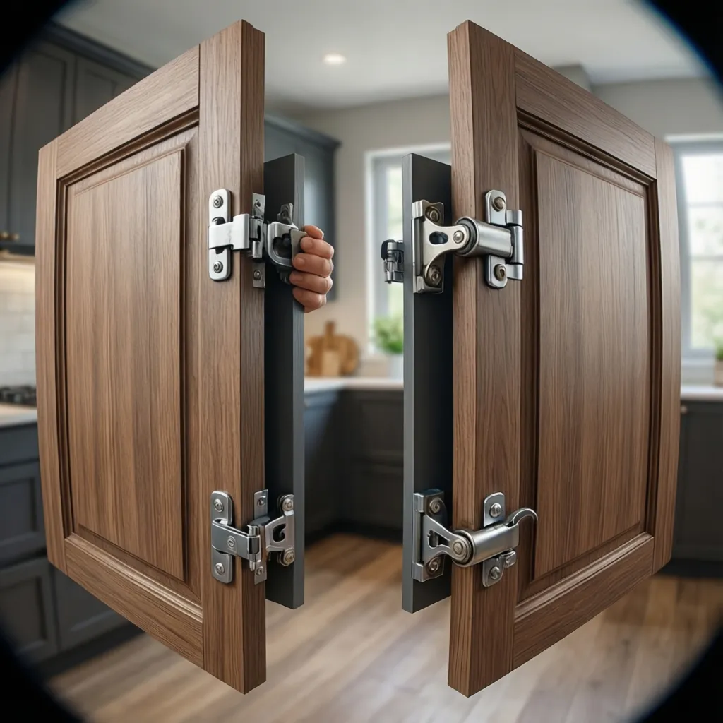 Visual comparison of magnetic catch and roller catch holding cabinet doors closed