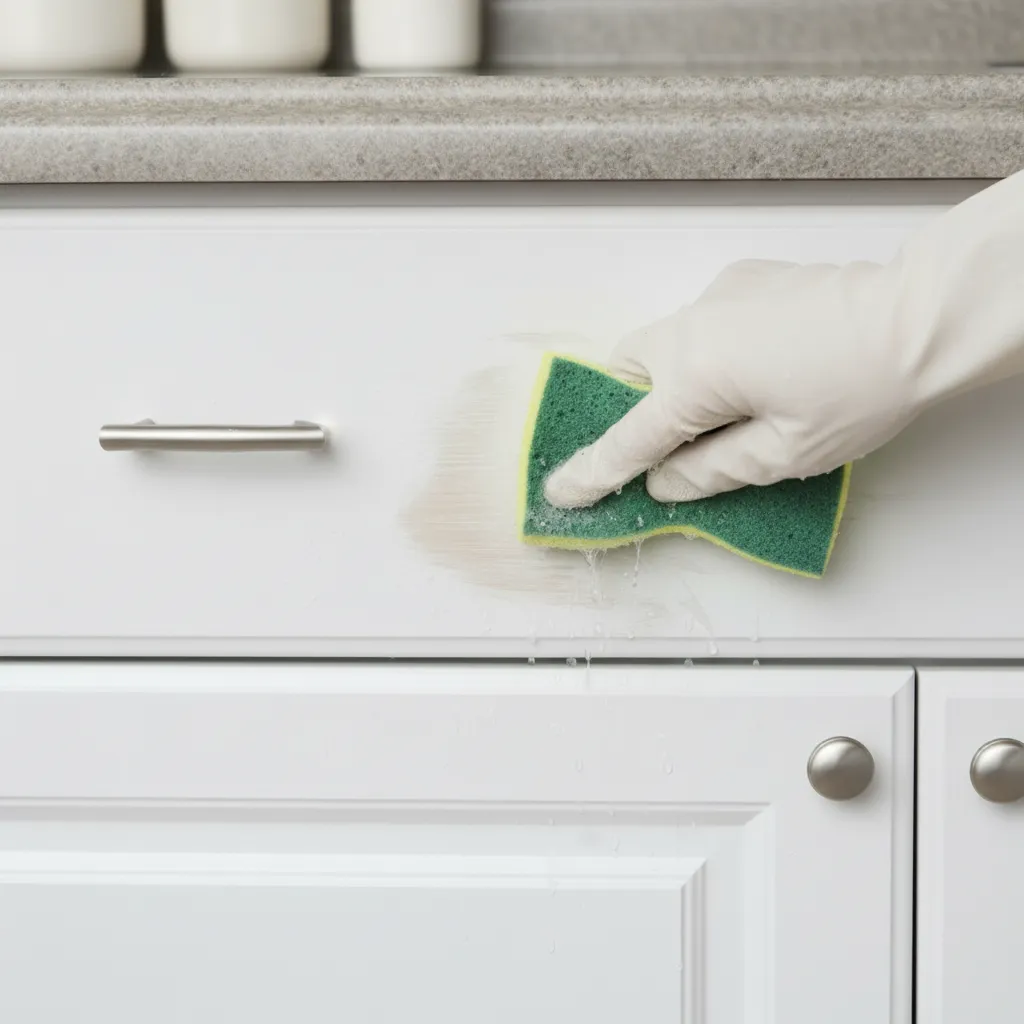 Incorrect scrubbing of kitchen cabinet surface causing finish damage