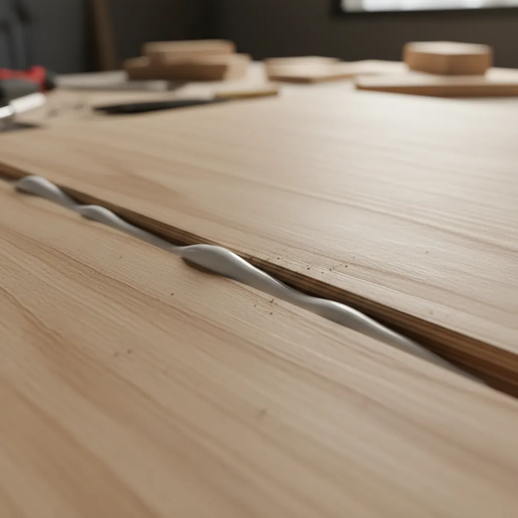 Close-up of wood glue applied to cabinet dado joint