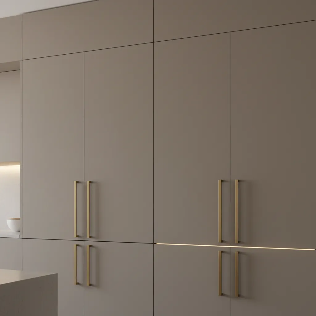 Kitchen cabinet doors showing standard handle placement near opening edge