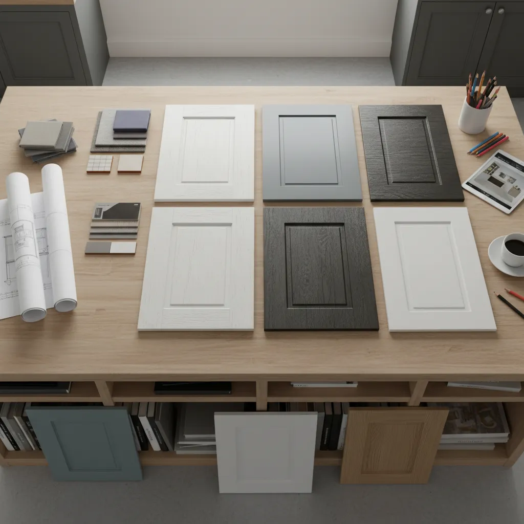 display of different kitchen cabinet door materials and finishes