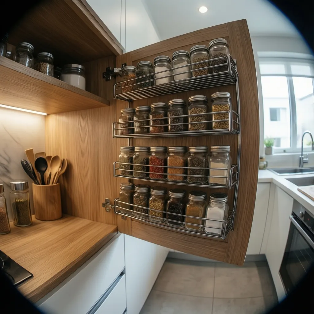 spice rack mounted inside a kitchen cabinet door