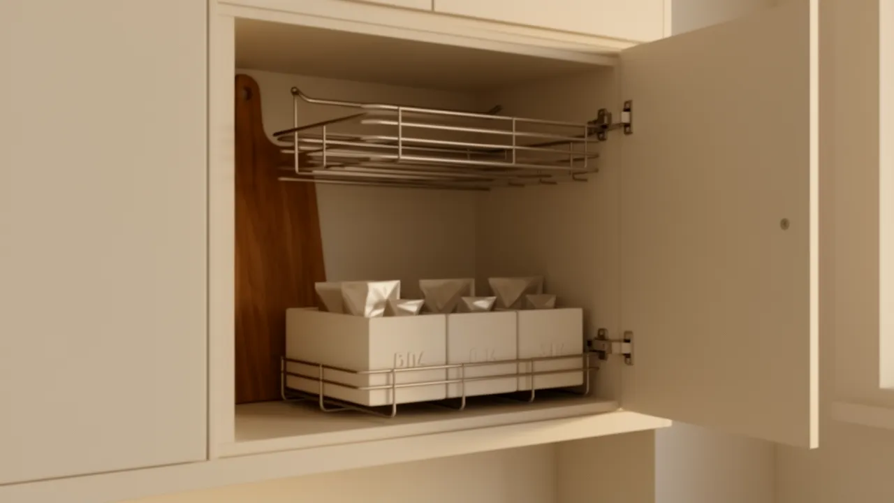 kitchen cabinet door with mounted rack holding cutting boards and kitchen wraps