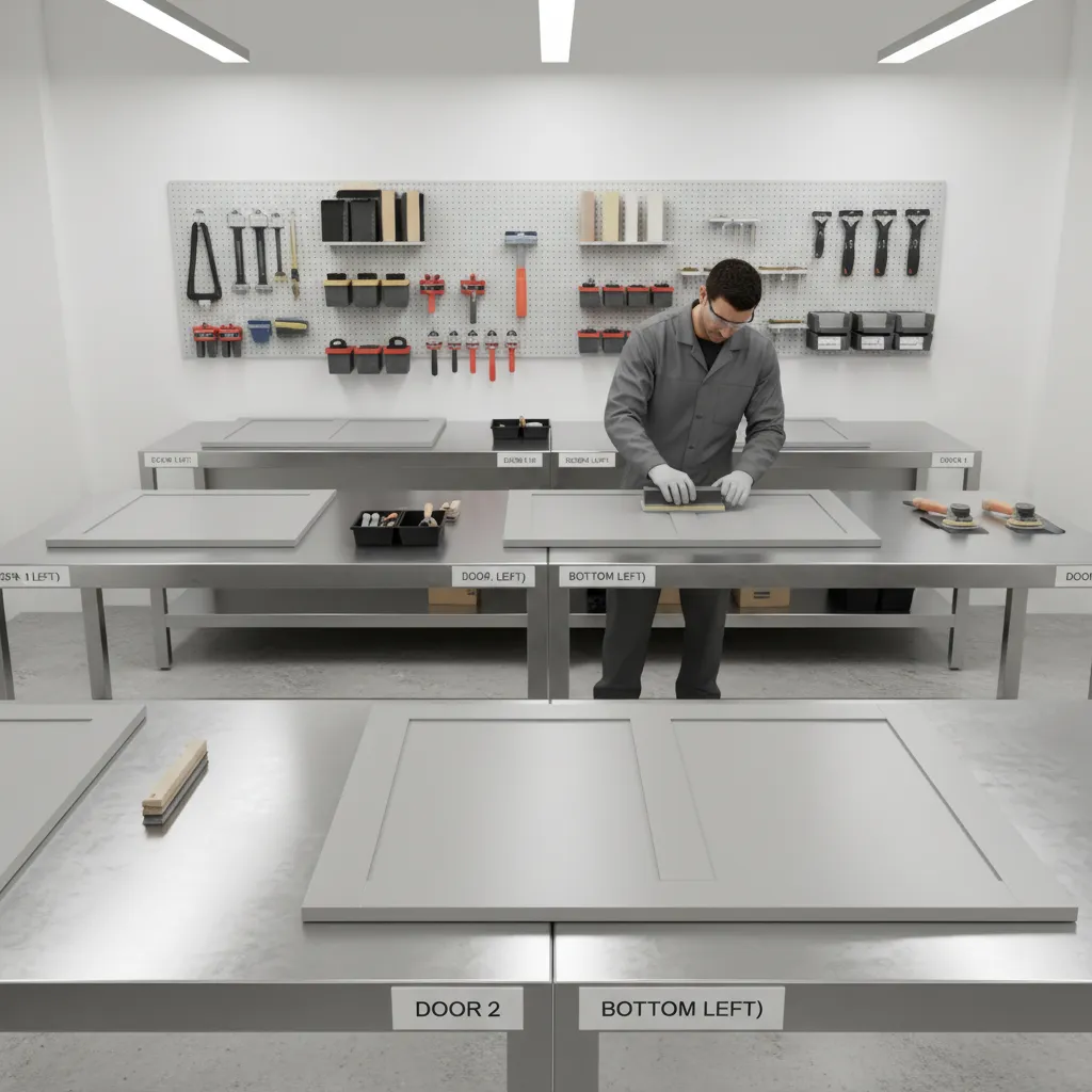 Kitchen cabinet doors removed and prepared for painting on a professional workstation