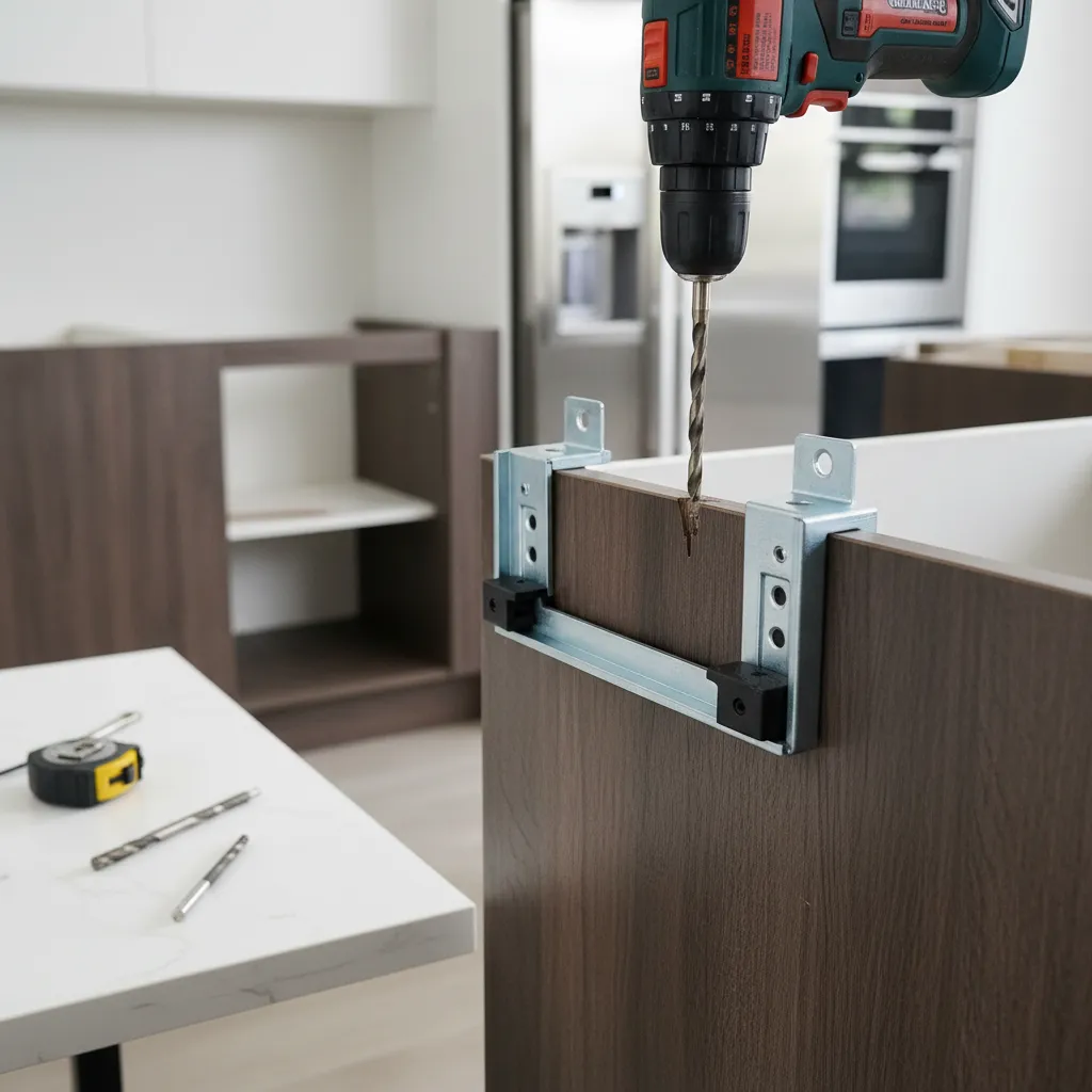 Using a cabinet hardware jig to drill precise holes for handles