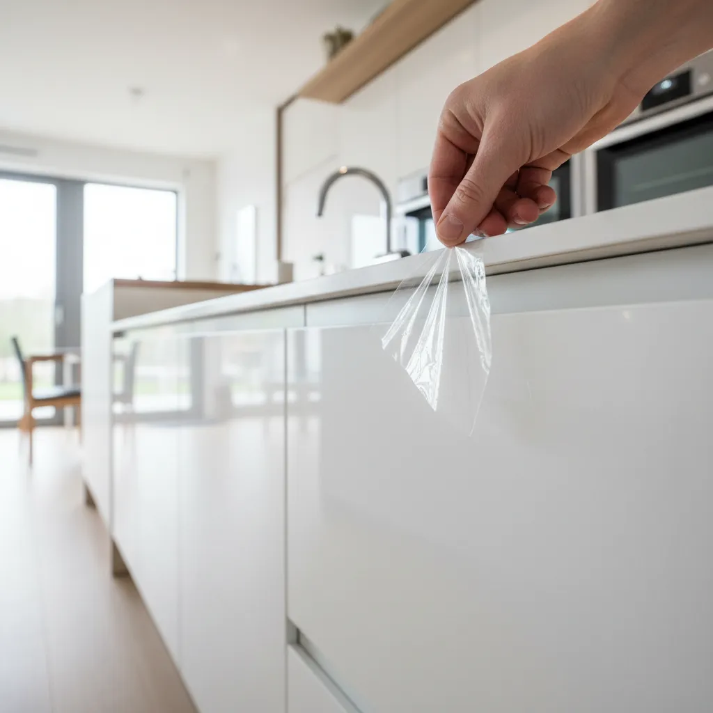 Peeling protective film from cabinet at low angle