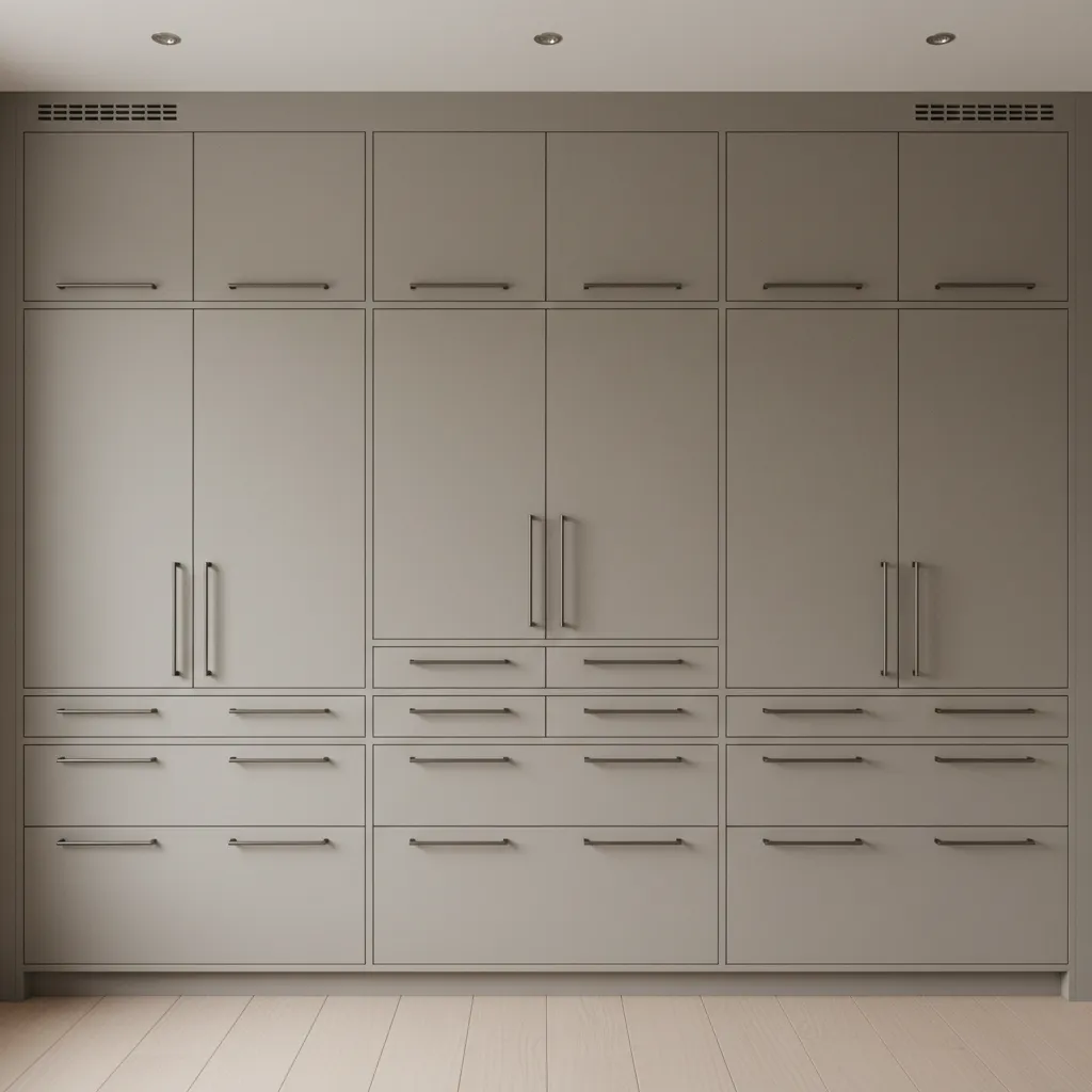 Row of modern kitchen cabinets showing evenly aligned cabinet handles