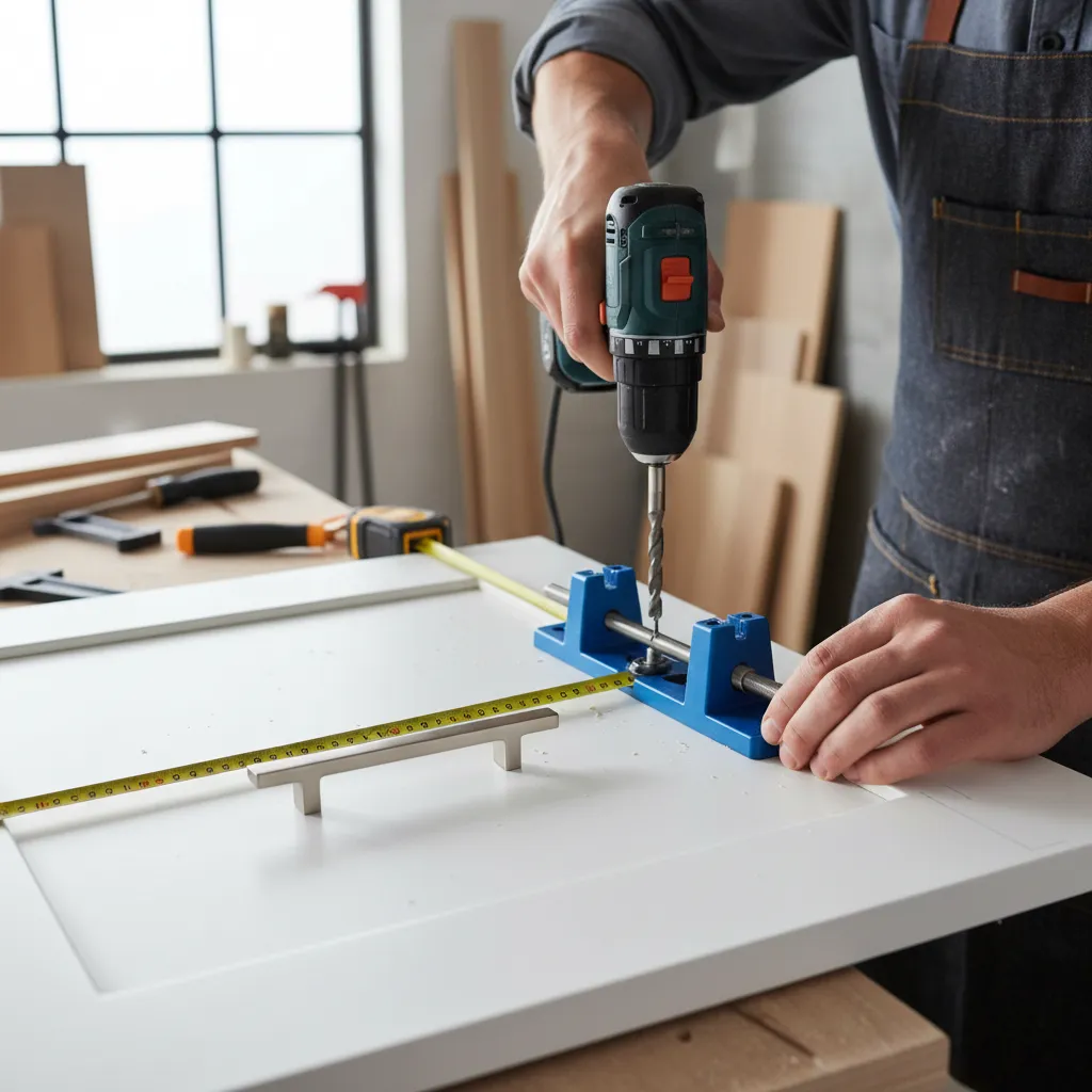 Cabinet handle drilling jig template being used to mark precise holes