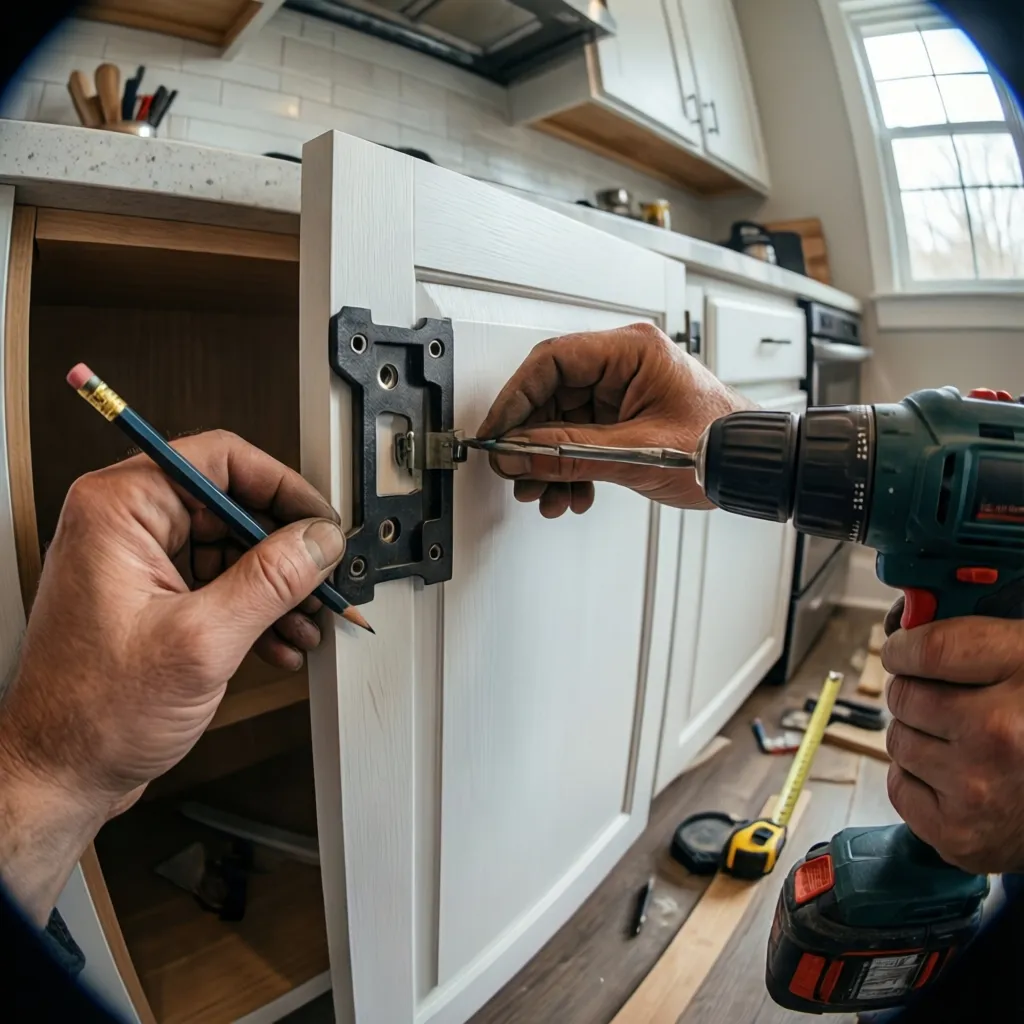 Measuring cabinet door for handle installation using a drilling jig