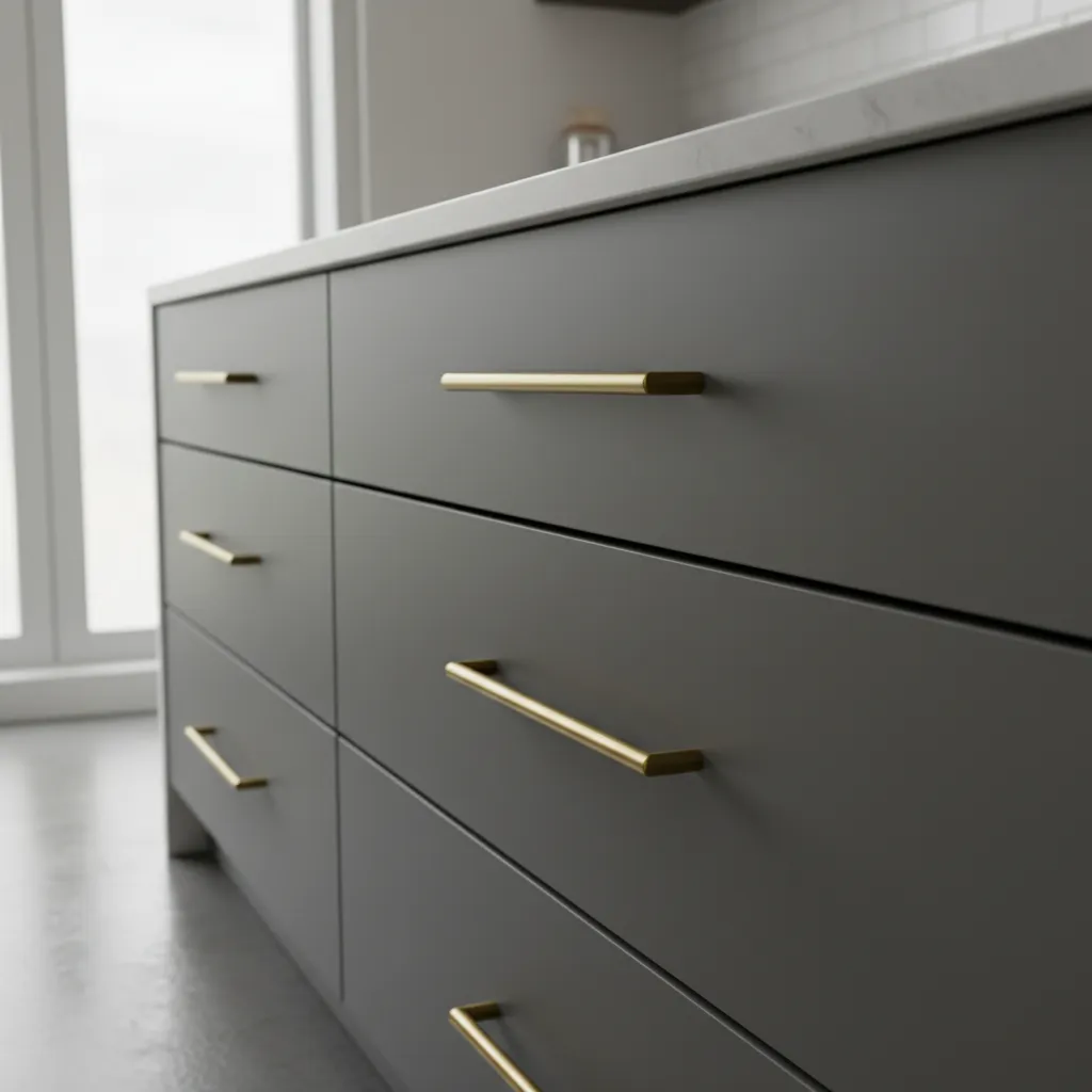 Example of slightly misaligned cabinet handles on kitchen drawers