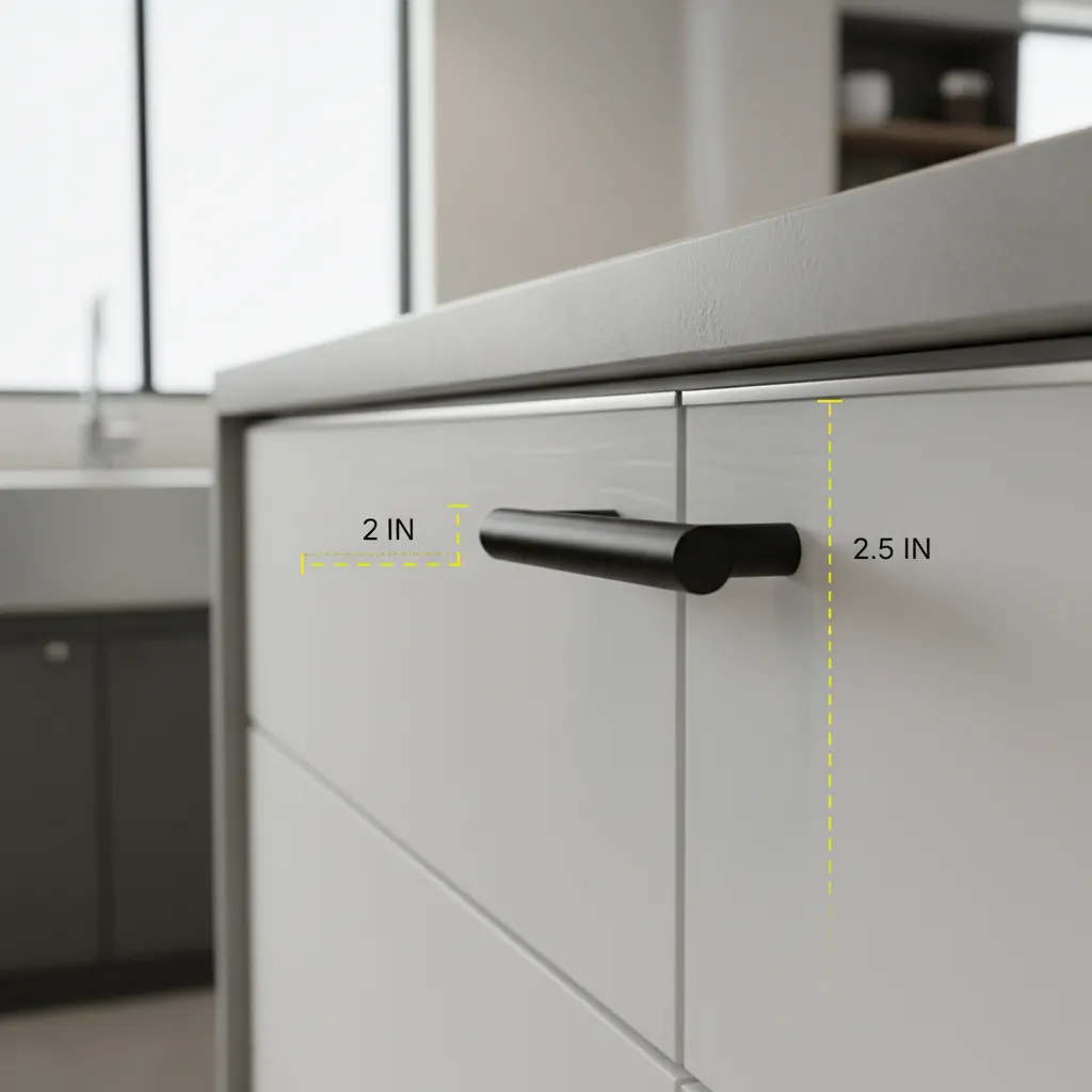 Close up showing measurement for a black handle on a white kitchen cabinet drawer front