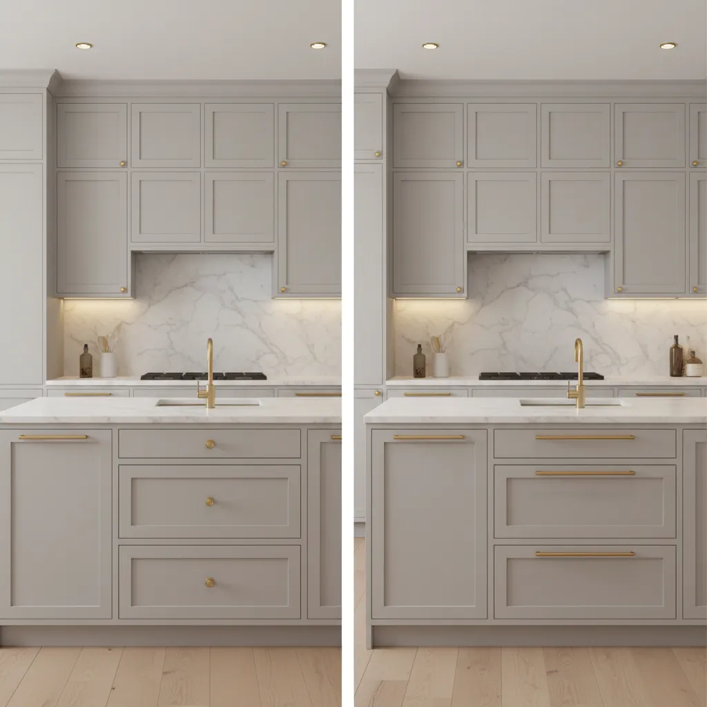 comparison of short and long cabinet handles on kitchen drawers