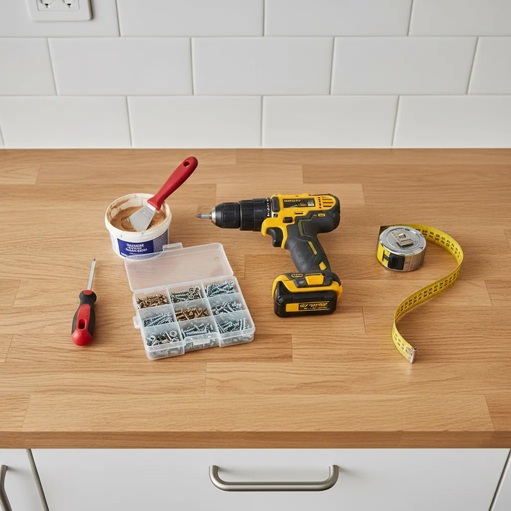 Basic tools used to tighten kitchen cabinet handles on a wooden countertop