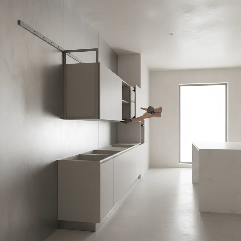 Metal rail system used to hang modern kitchen cabinets