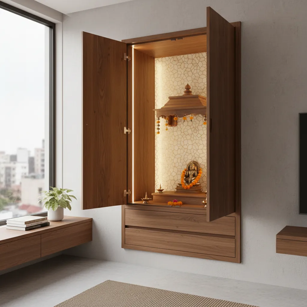hidden pooja cabinet with doors open showing prayer space