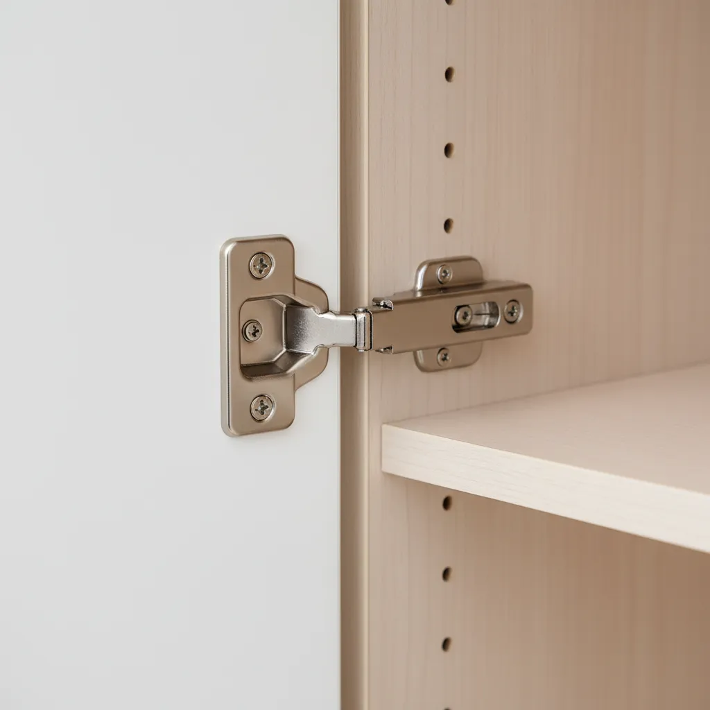 close-up of adjustable kitchen cabinet hinge inside tall cabinet door