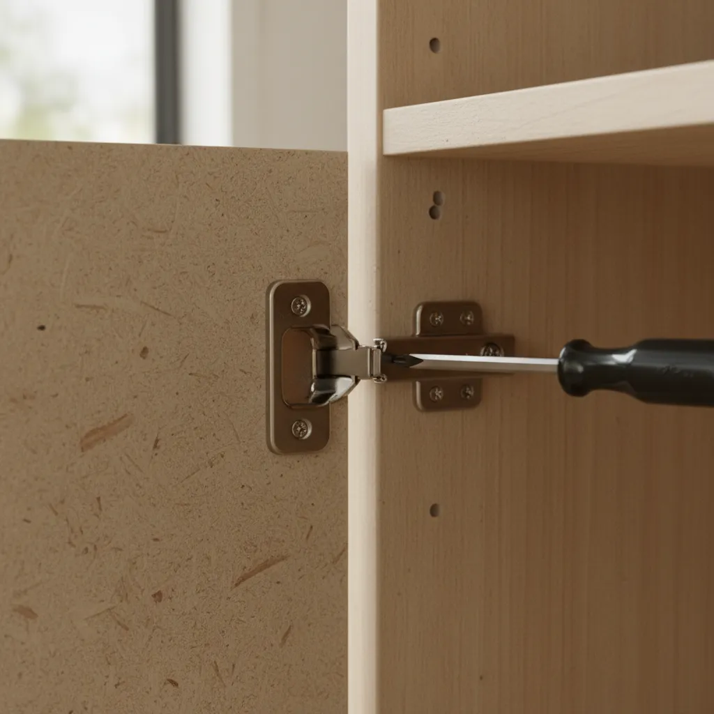 Close-up of concealed cabinet hinge adjustment on Kallax DIY door