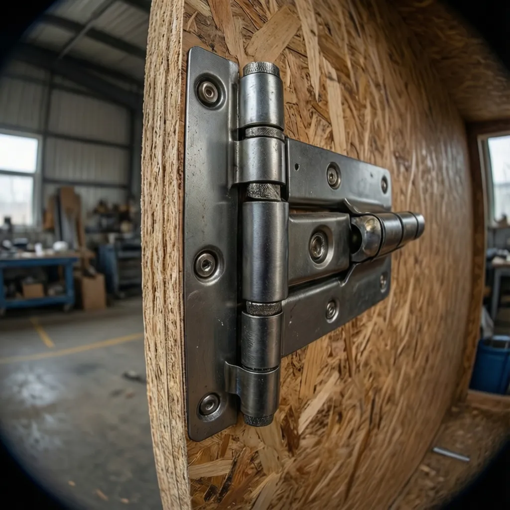 Metal hinge repair plate installed on particle board cabinet wall