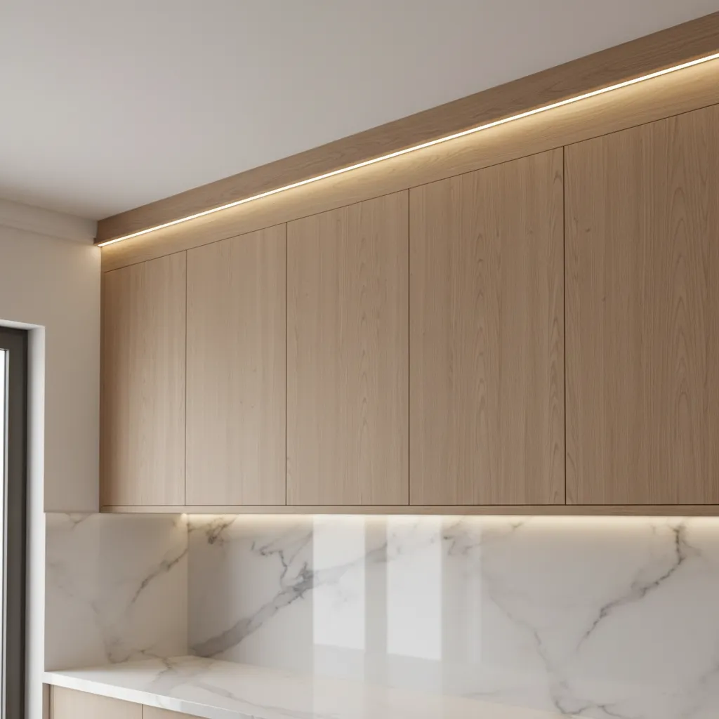 Kitchen cabinet lighting placement along crown molding for Christmas decor