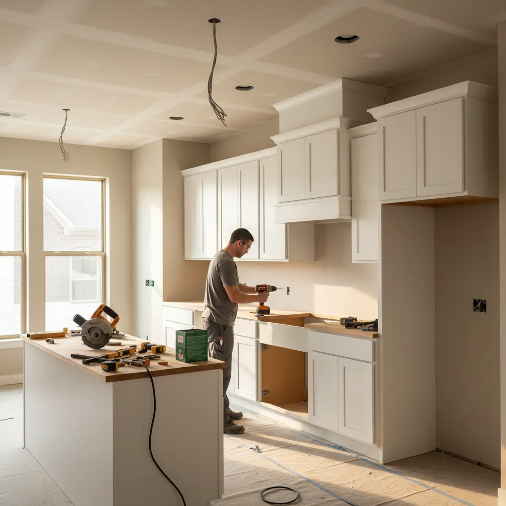 installing modern kitchen cabinets during renovation