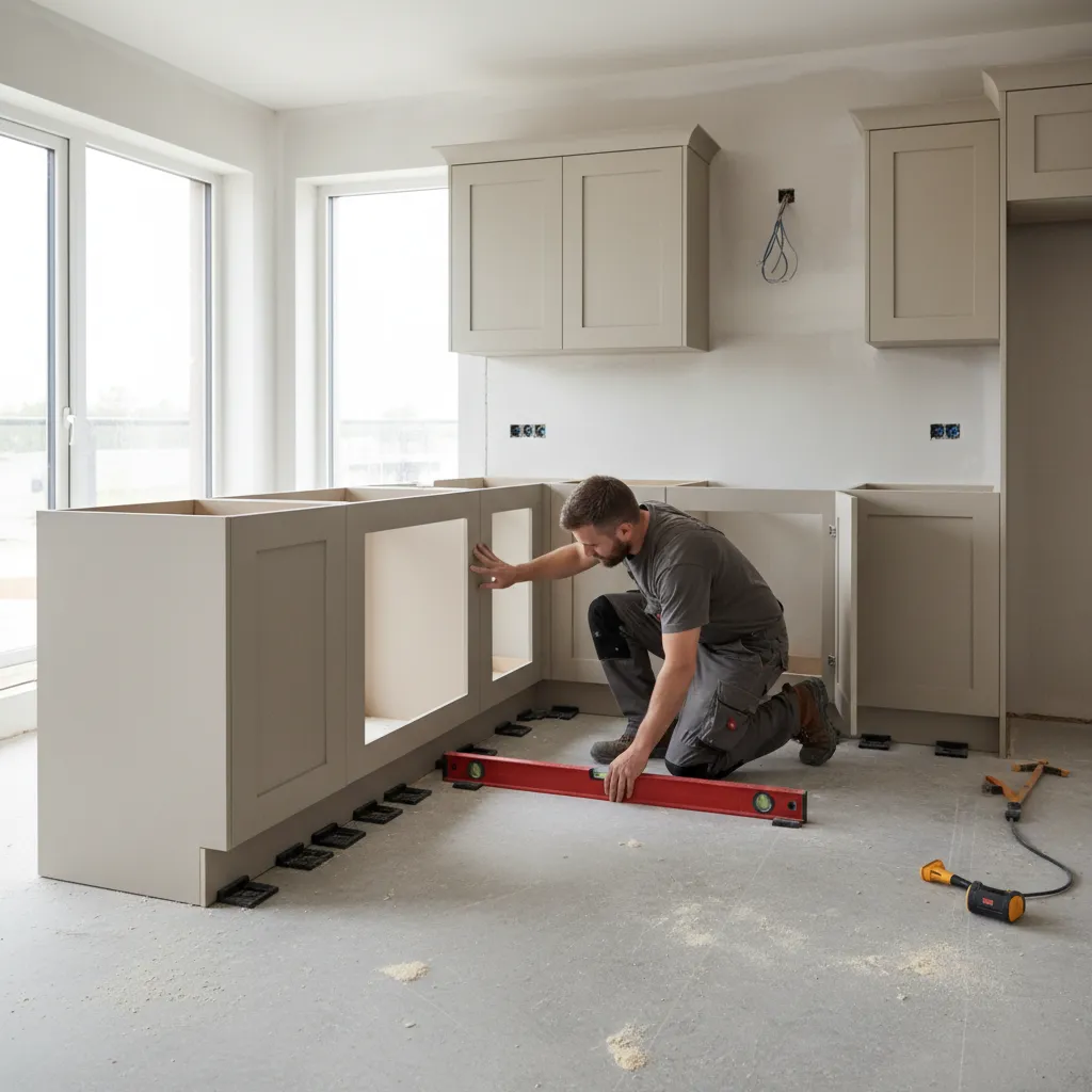 Contractor leveling kitchen base cabinets on uneven floor during installation