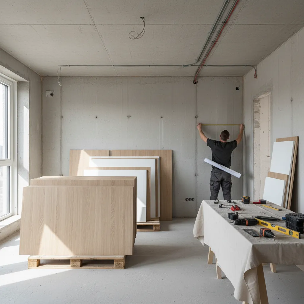technician measuring wall space for modular cabinet installation in modern apartment