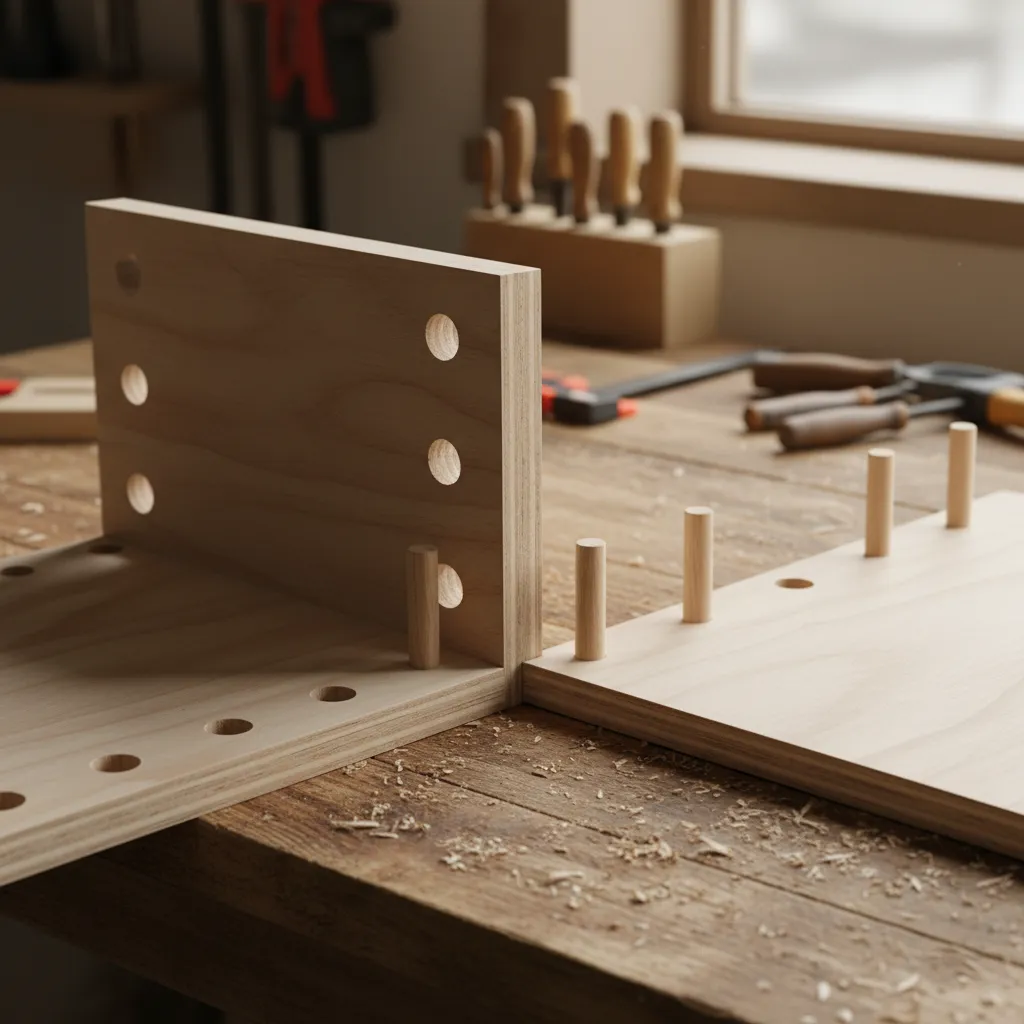 Wood dowels reinforcing cabinet joint before gluing