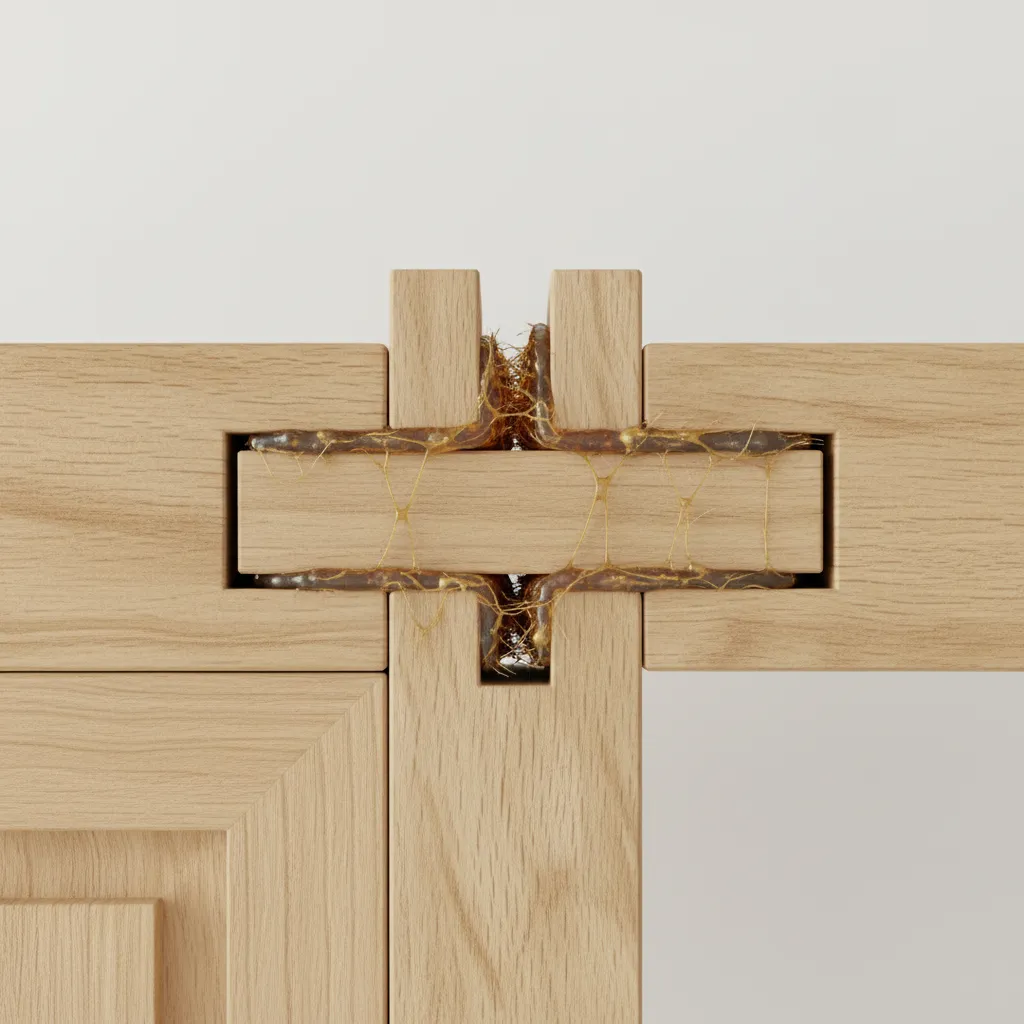 cutaway illustration of cabinet joint glued with wood glue