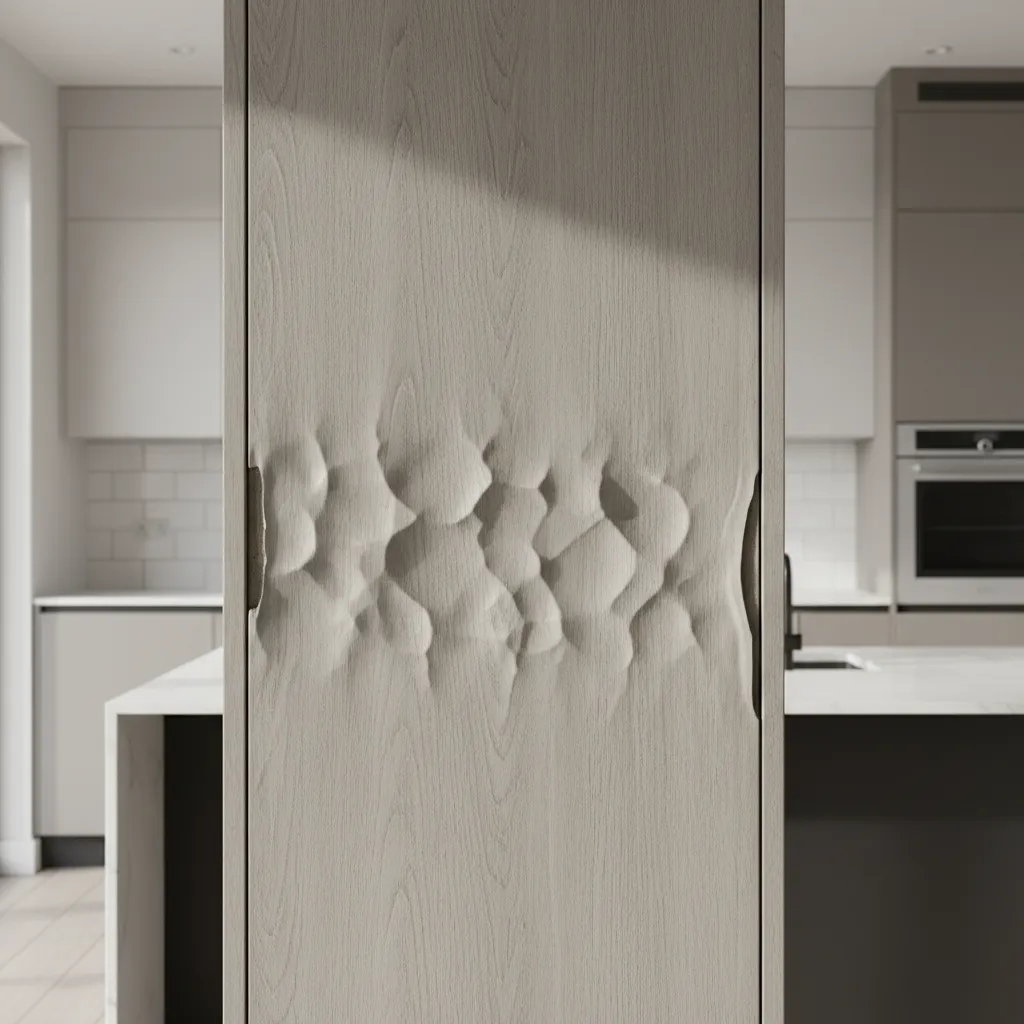 Kitchen cabinet door with bubbling laminate surface damage