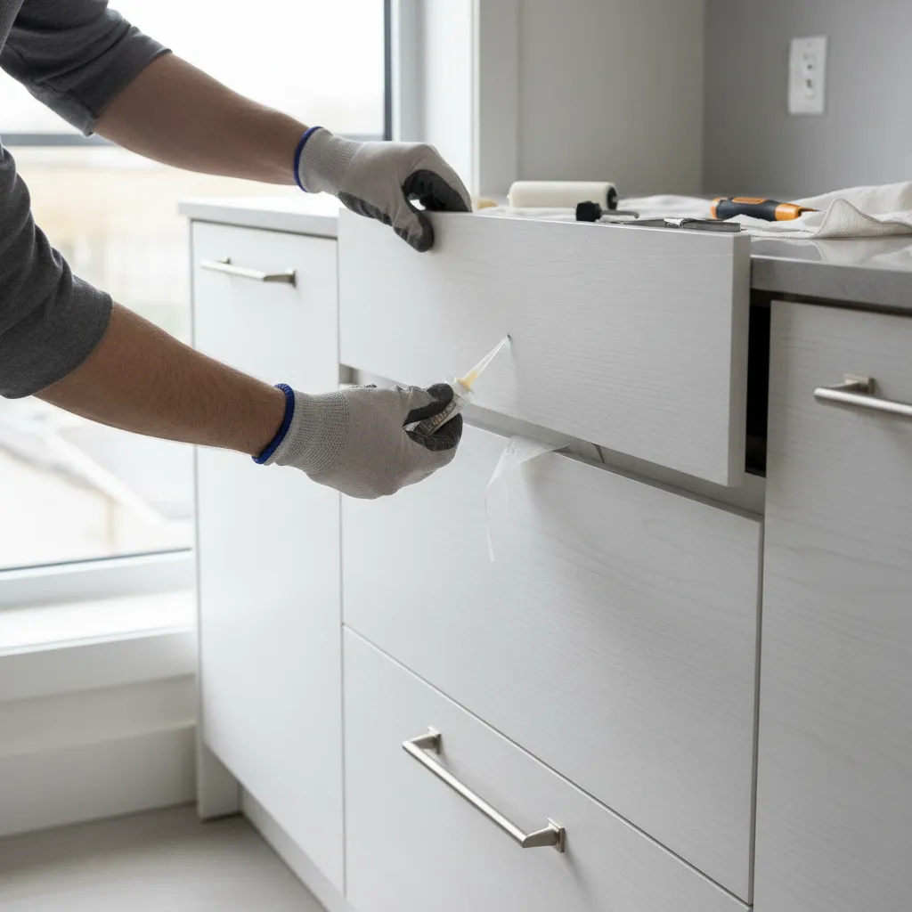 Repairing loose cabinet laminate by applying adhesive under lifted panel