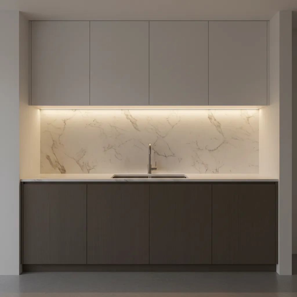 Correct placement of LED strip lighting under kitchen cabinets near front edge