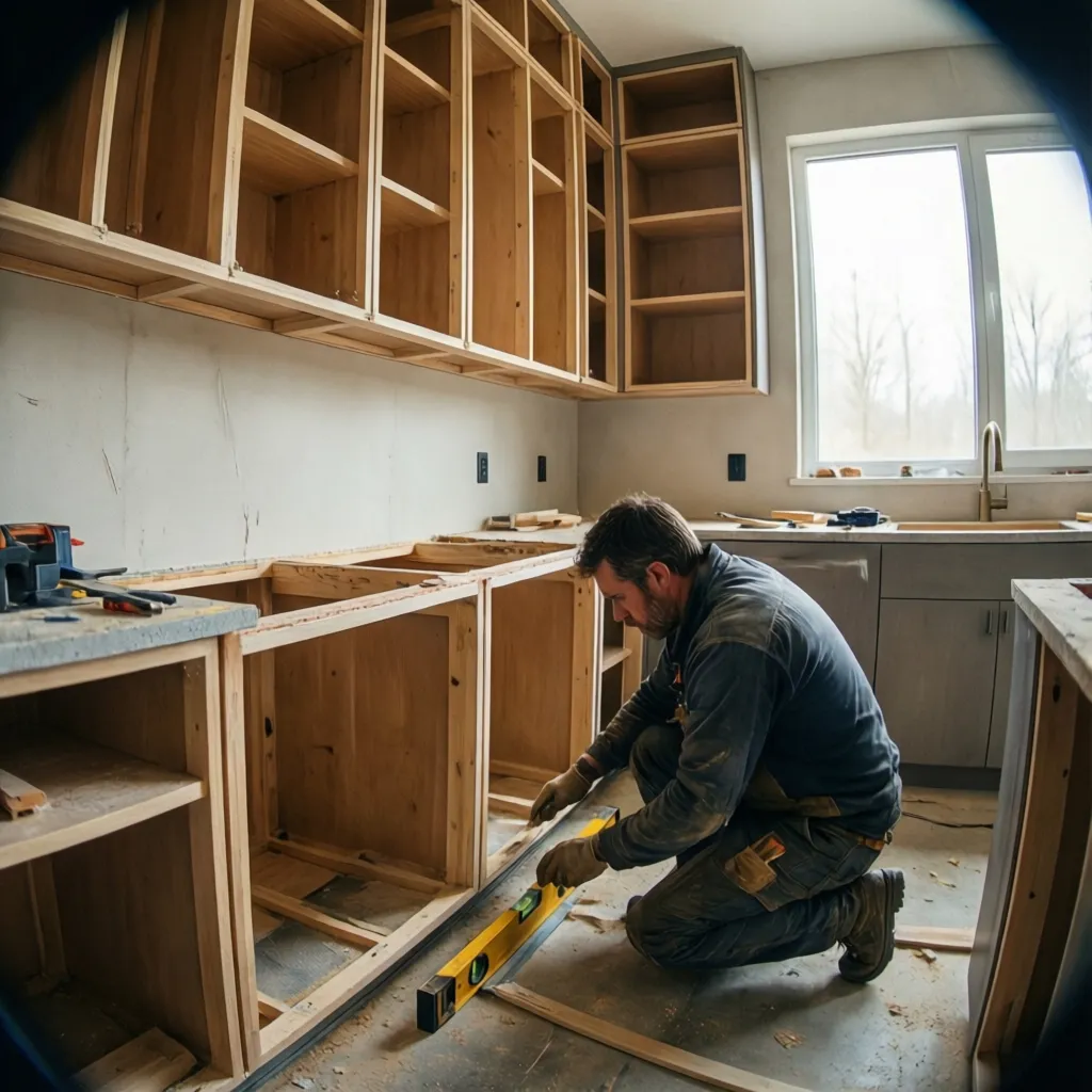 Installer leveling base kitchen cabinets using shims during installation