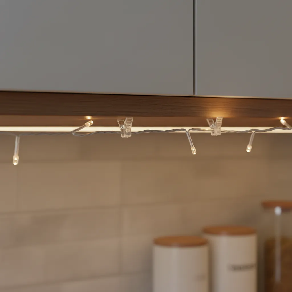 Clear plastic clips securing Christmas lights along cabinet edge