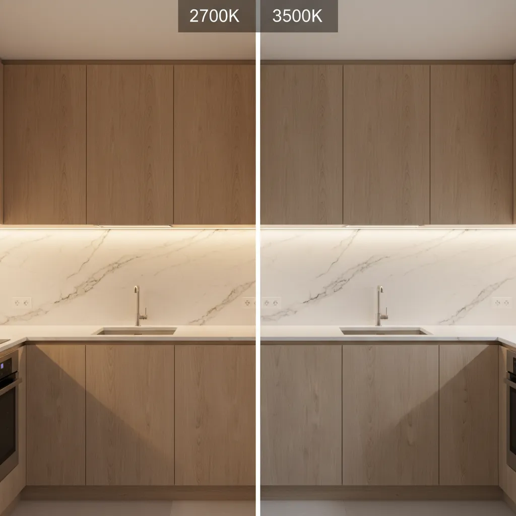 Comparison of warm 2700K and neutral 3500K cabinet lighting in kitchen cabinets