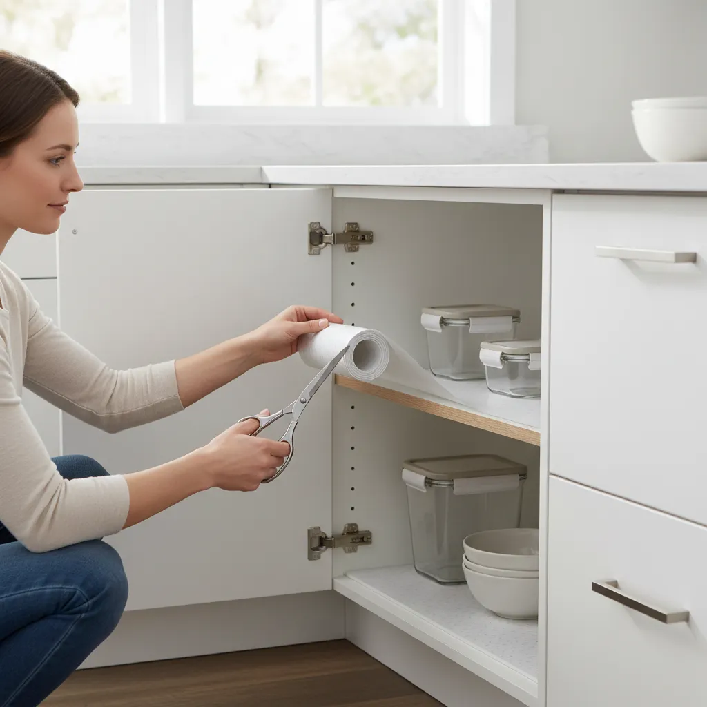 kitchen cabinet shelf with liner being trimmed and installed neatly