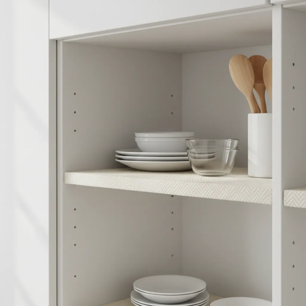 Kitchen cabinet shelf with newly installed non adhesive liner