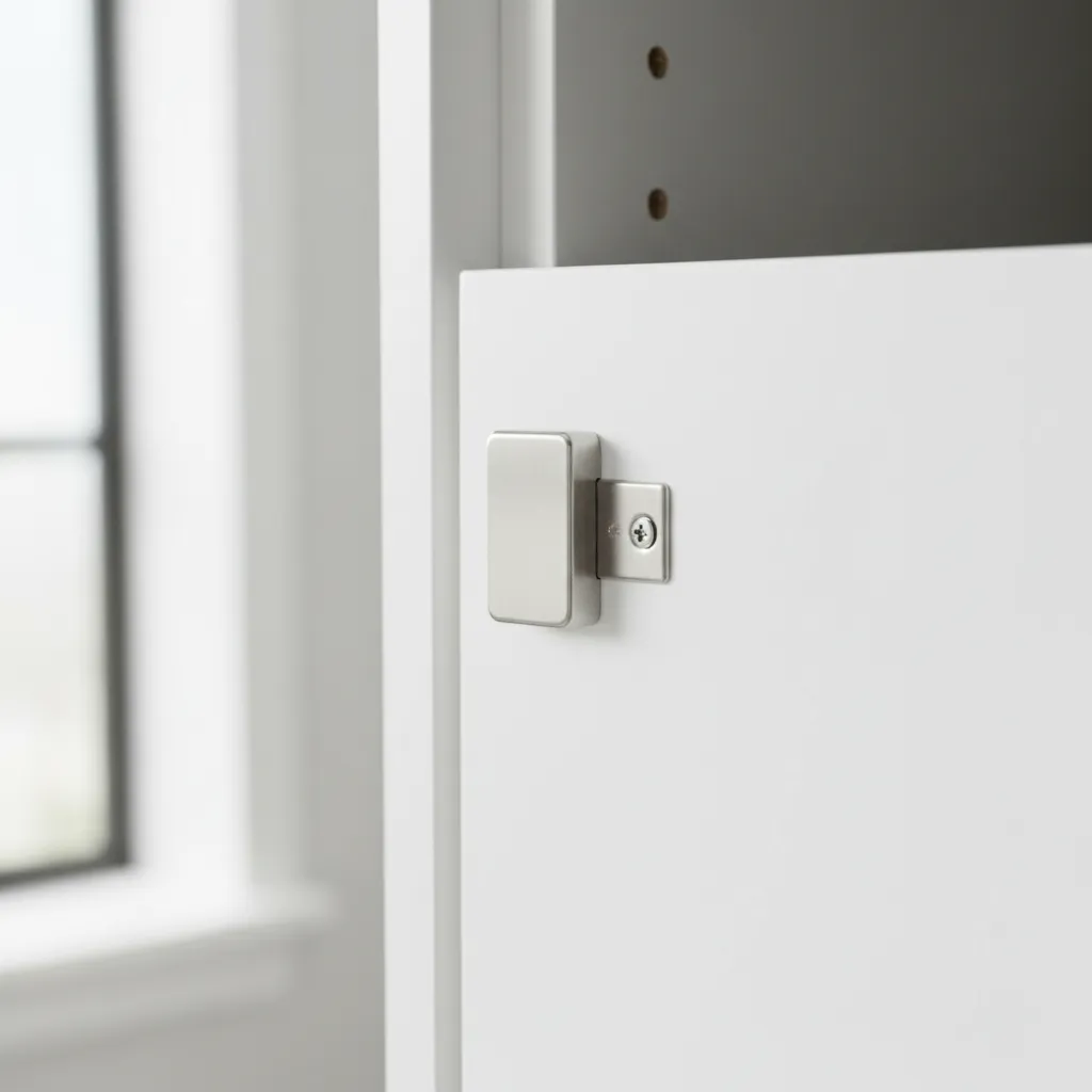 Magnetic cabinet catch installed inside kitchen cabinet frame