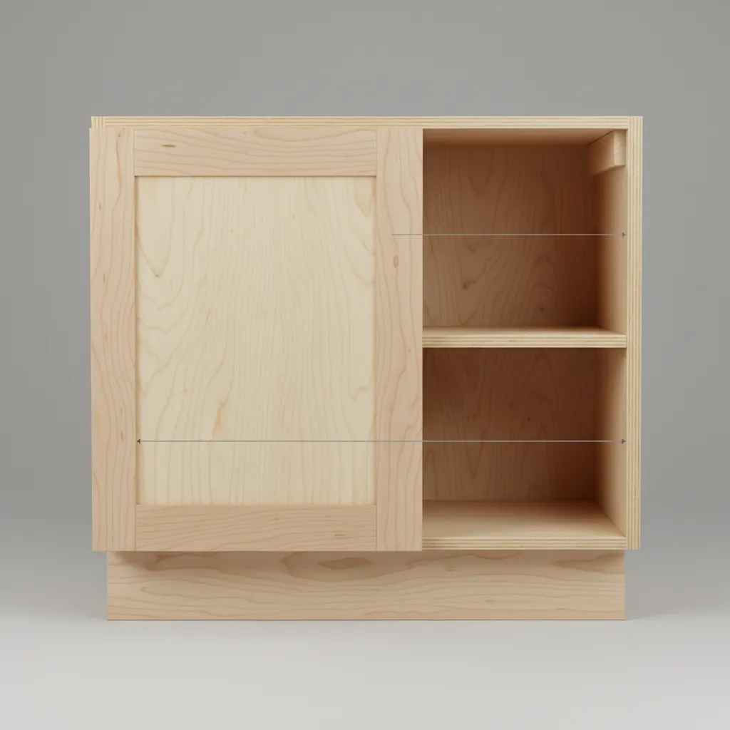 Cross section view showing hardwood cabinet doors and plywood cabinet box construction