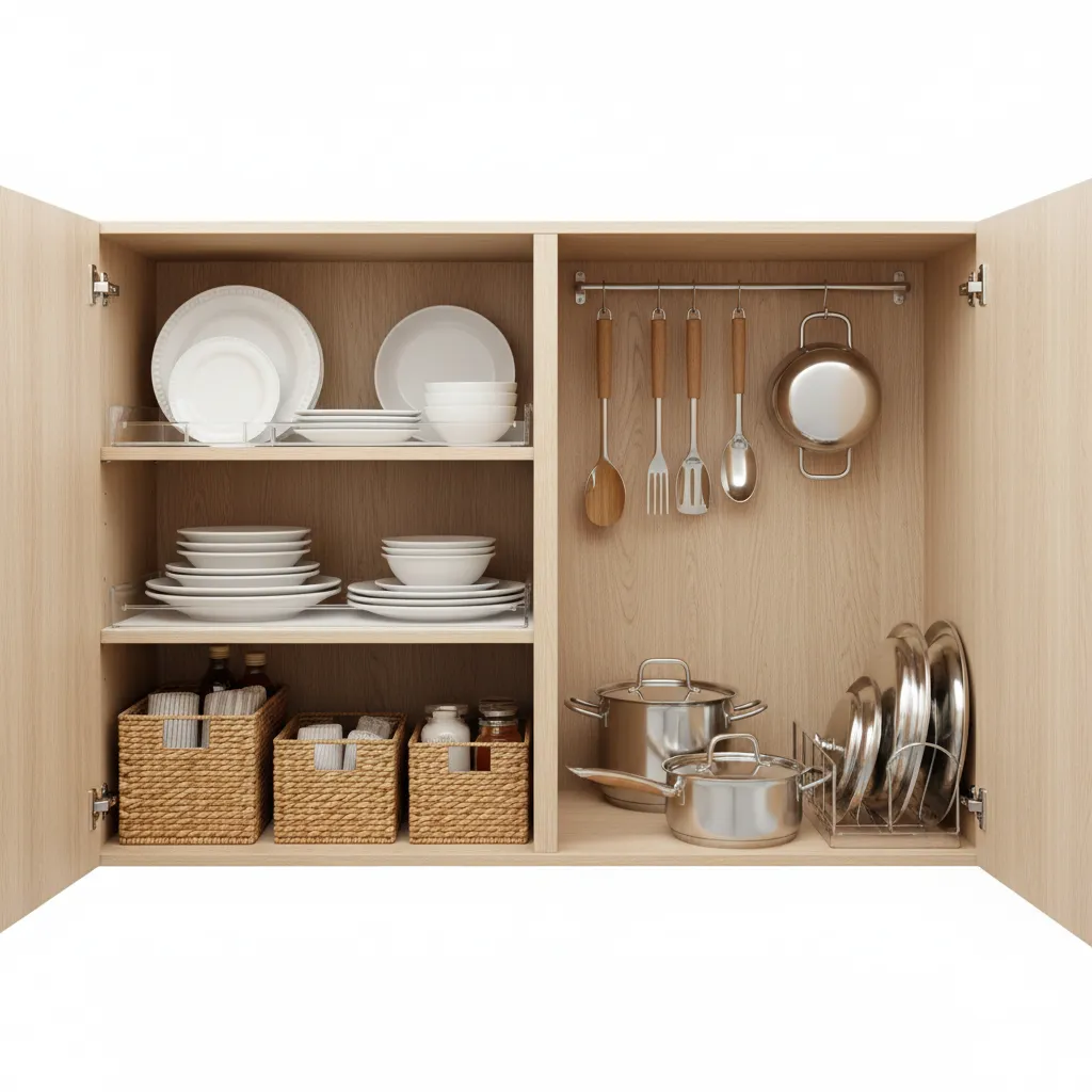 Wooden kitchen cabinet interior with organized plates bowls stainless steel pots and woven storage baskets