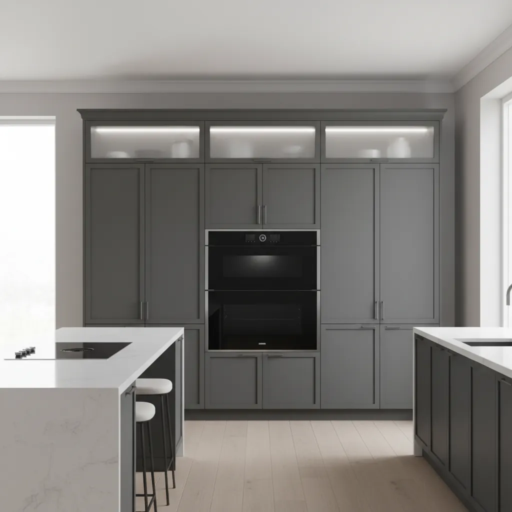 Built-in oven aligned with tall kitchen cabinets