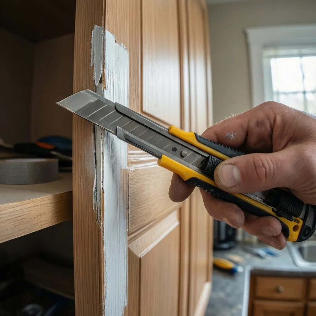 cross hatch adhesion test being performed on painted cabinet surface